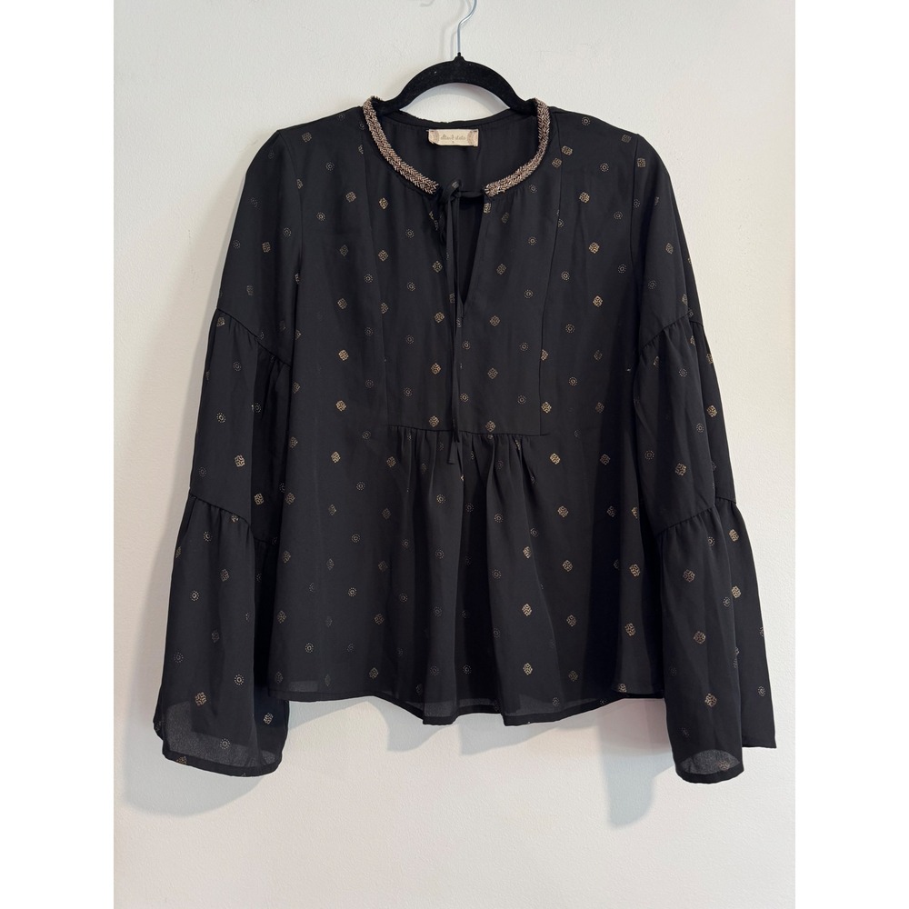 Altar'd State Beaded Tie Neck Blouse Womens Small Black Gold Tiered Bell Sleeves